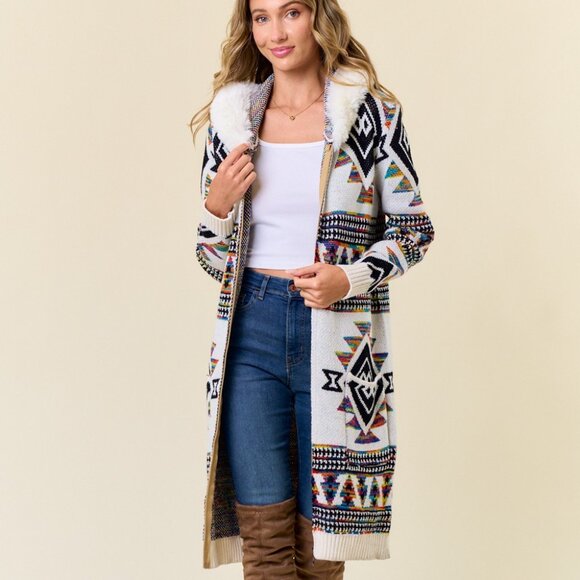 ON BLUE Rainbow Aztec Print Zip-Up Cardigan: Faux Fur Lined Hooded Cardigan Coat - Picture 1 of 15